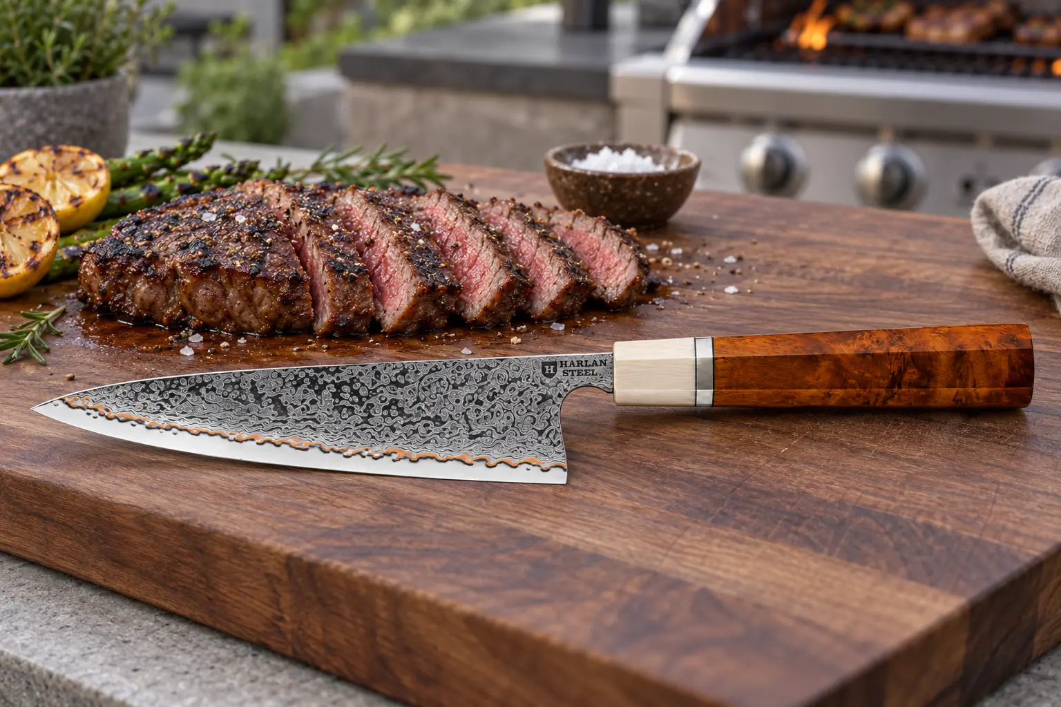 Light kitchen knife beside sliced steak on a cutting board near a grill.