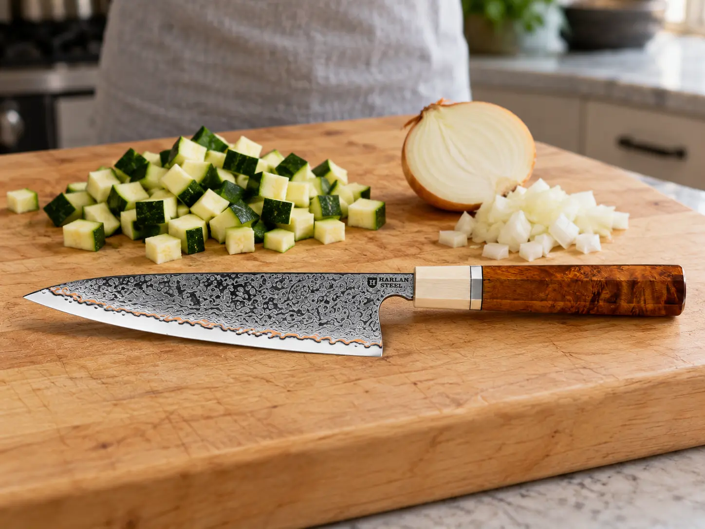 Light beside diced zucchini and onion.